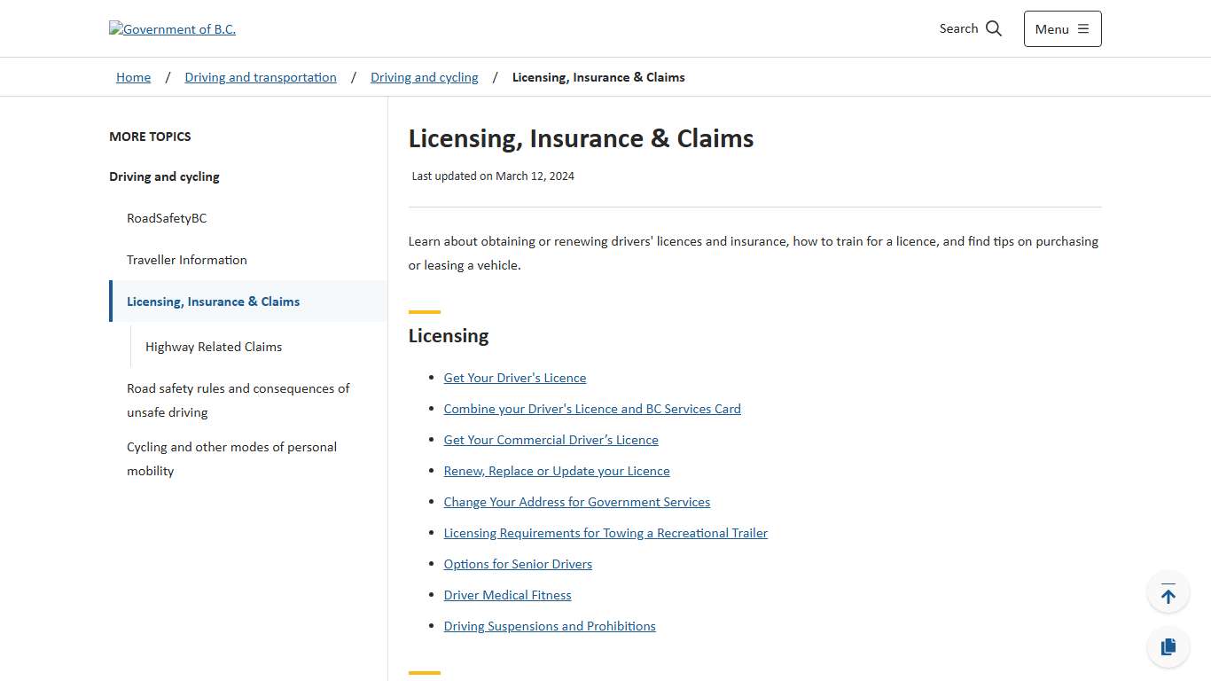 Licensing, Insurance & Claims - Province of British Columbia
